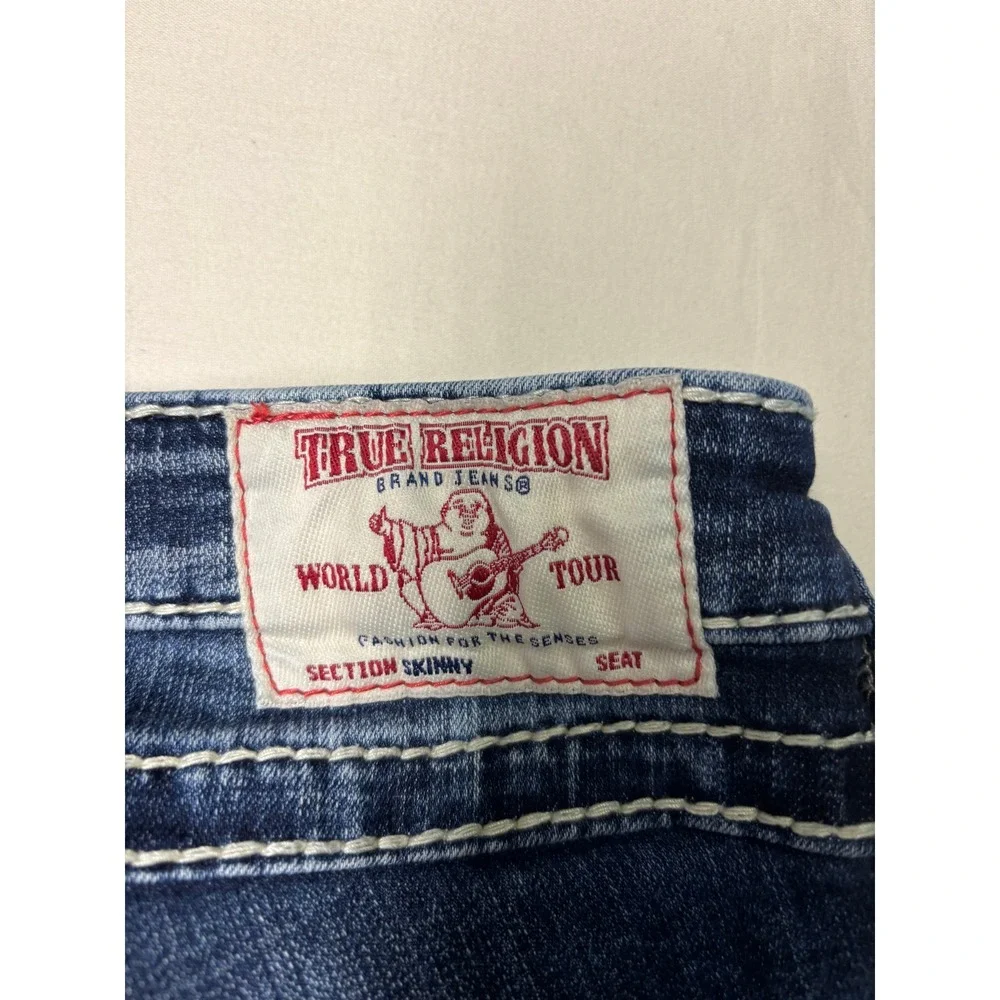 True Religion Skinny Jeans Mens 36X29 Dark Wash Distressed Contrast Stitch Blue